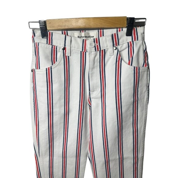 Reformation Grenada Striped Denim Jeans Size S Mid Rise Red White Blue Pants NWT - Picture 3 of 7